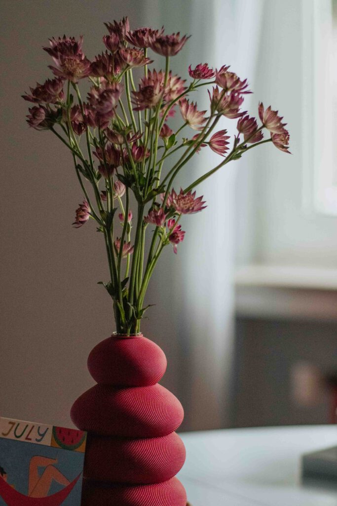 Rote Blumenvase mit Sommerblumen auf dem Tisch